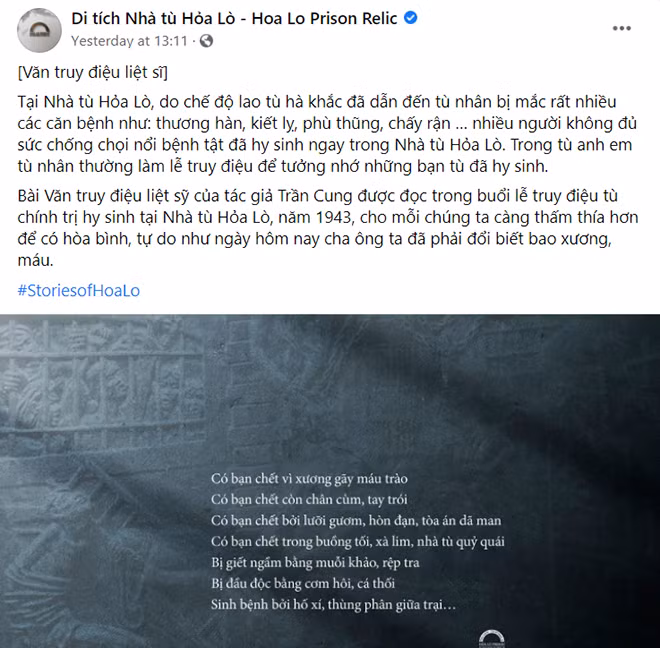 Một trong những bài đăng xúc động của fanpage Di tích nhà tù Hỏa Lò. Nguồn ảnh: Fanpage Di tích nhà tù Hỏa Lò.