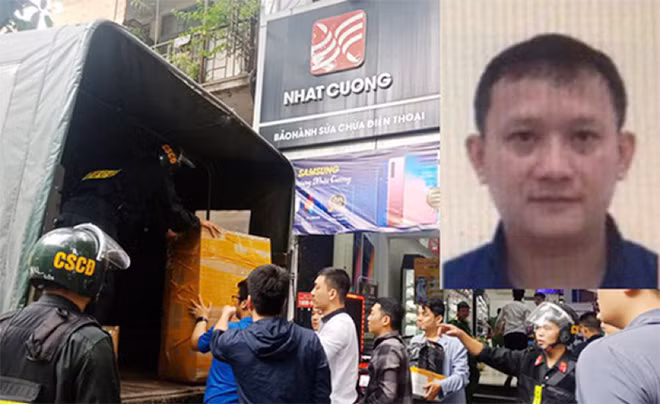 Bùi Quang Huy và cửa hàng điện thoại Nhật Cường ở 33 Lý Quốc Sư khi bị khám xét.