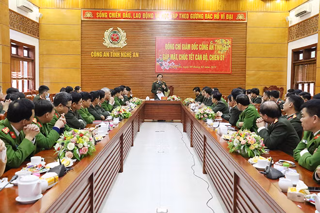 Thiếu tướng Võ Trọng Hải, Giám đốc Công an tỉnh chúc tết và giao nhiệm vụ cho CBCS vào chiều 9/2/2021 (tức chiều 28 tết Tân Sửu 2021)