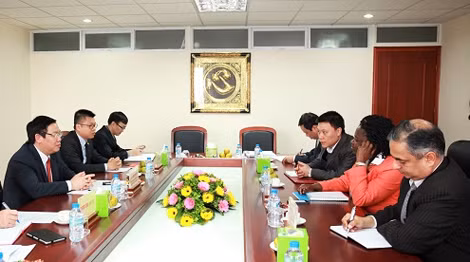Giám đốc quốc gia Ngân hàng Thế giới tại Việt Nam, bà Victoria Kwakwa trong cuộc trao đổi với Trưởng ban Kinh tế TƯ Vương Đình Huệ ngày 9/4.