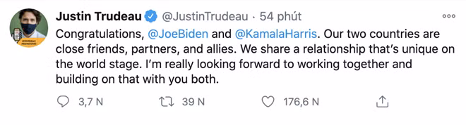 Thủ tướng Canada gửi lời chúc mừng tới ông Joe Biden trên Twitter.