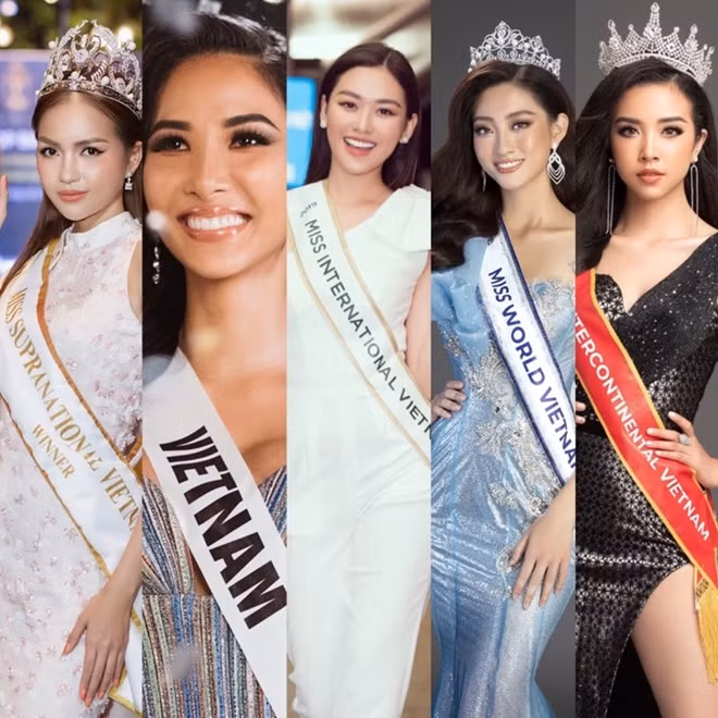 Từ trái qua phải: Các đại diện Việt Nam năm 2019 tại Miss Supranational (Ngọc Châu), Miss Universe (Hoàng Thùy), Miss International (Tường San), Miss World (Lương Thùy Linh) và Miss Intercontinental (Thùy An).