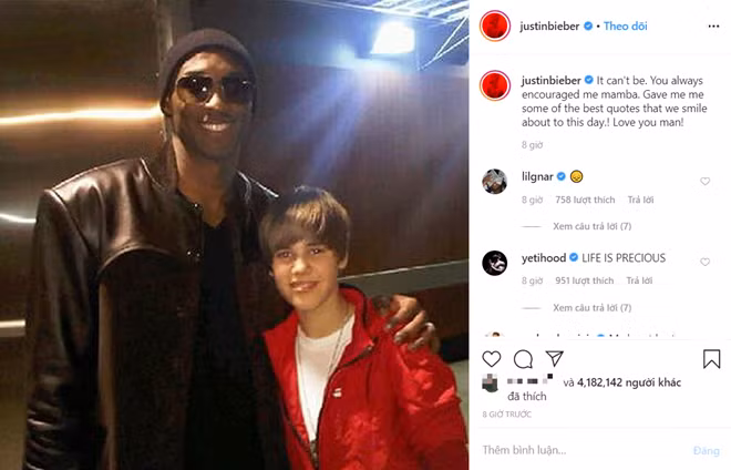 Đăng một bức ảnh chụp chung với Kobe Bryant từ hồi còn mới nổi, ca sĩ Justin Bieber xúc động cho biết: "Không thể nào, anh luôn là người ở bên và động viên em, Mamba (biệt danh của Kobe Bryant). Anh đã cho em nhiều lời khuyên và khiến chúng ta có thể vui vẻ cả ngày. Yêu thương anh rất nhiều".