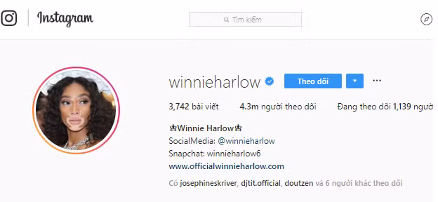 Trang Instagram cá nhân của Winnie Harlow hiện có khoảng 4,3 triệu người theo dõi và nhận được hơn 100 nghìn lượt yêu thích cho mỗi bức ảnh.