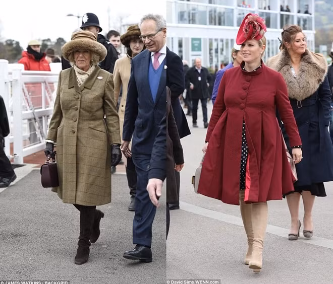 Camilla, Nữ Công tước xứ Cornwall (trái) cũng có mặt tại lễ hội để trao giải thưởng. Ngoài ra, lễ hội Chelteham năm nay còn có sự xuất hiện của Zara Phillips – cô cháu gái cả của Nữ hoàng Anh Elizabeth II. Mặc dù đang mang bầu nhưng cô vẫn xuất hiện rạng rỡ với bộ trang phục đỏ nổi bật.