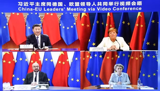 Hình ảnh tại cuộc họp Thượng đỉnh trực tuyến giữa các nhà lãnh đạo EU và Trung Quốc hôm 14/9. (Ảnh: Tân Hoa Xã)