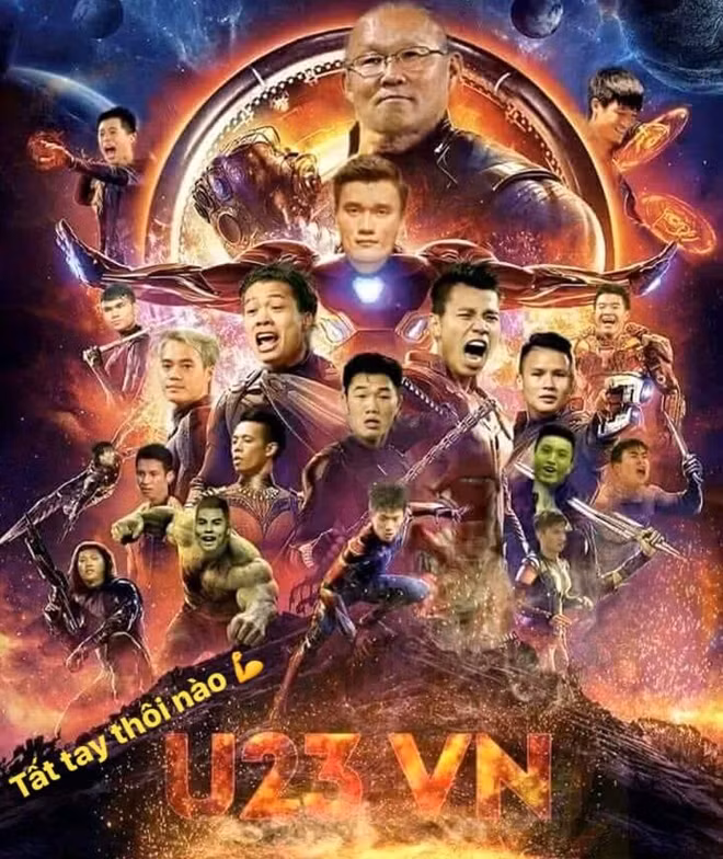 Một bức ảnh được cư dân mạng chế lại từ poster của các siêu anh hùng Marvel, với hy vọng những chiến binh Việt Nam sẽ đánh bại Hàn Quốc tại trận bán kết ASIAD 2018 sắp tới.