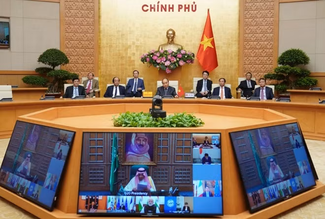 Thủ tướng Nguyễn Xuân Phúc dự Hội nghị Thượng đỉnh trực tuyến G20 ứng phó COVID-19 ngày 26/3/2020. (Nguồn: VGP)