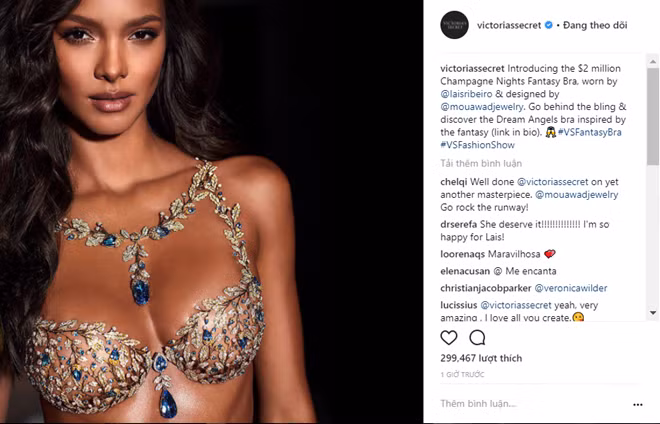 Trang instagram chính thức của Victoria's Secret đã chính thức xác nhận thông tin trên. Theo đó, bộ Fantasy Bra trong VSFS 2017 có tên là "Champane Nights Fantasy Bra”, trị giá lên đến 2 triệu USD (khoảng 46 tỉ VNĐ). (Nguồn: instagram)