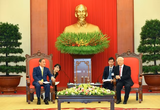 Tổng Bí thư, Chủ tịch nước Nguyễn Phú Trọng đã tiếp đón và có buổi nói chuyện cùng Thủ tướng Nhật Bản Suga Yoshihide. (Ảnh: Tuấn Linh)