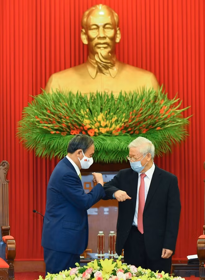 Tổng Bí thư, Chủ tịch nước Nguyễn Phú Trọng tiếp Thủ tướng Nhật Bản Suga Yoshihide. (Ảnh: Tuấn Linh)
