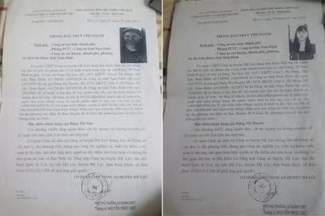 Thông báo truy tìm tung tích bà Sim, và thông báo truy tìm tung tích chị Huyền.