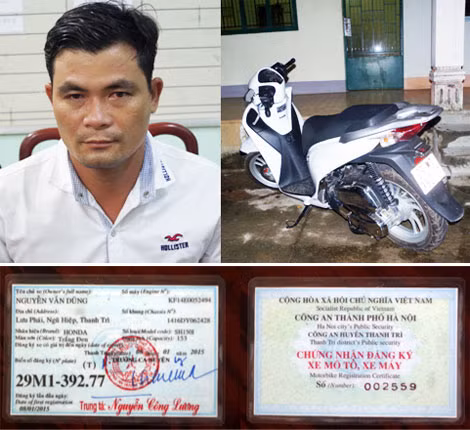 Nguyễn Phùng Đại cùng chiếc xe tang vật (Ảnh trên). Giấy chứng nhận đăng ký xe do Đại và đồng bọn làm giả Nguyễn Phùng Đại cùng chiếc xe tang vật (Ảnh trên). Giấy chứng nhận đăng ký xe do Đại và đồng bọn làm giả