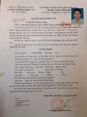 Quyết định truy nã của Công an tỉnh Ninh Thuận đối với Lê Văn Huy. Quyết định truy nã của Công an tỉnh Ninh Thuận đối với Lê Văn Huy.