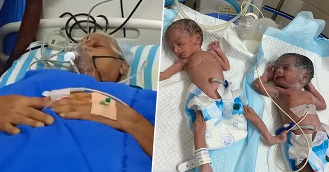 Hình ảnh sản phụ 73 tuổi cùng hai cô con gái kháu khỉnh của mình. Ảnh: CNN