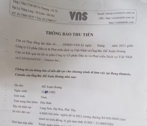 Thông báo thu tiền của Công ty CP Đầu tư và Phát triển dịch vụ Việt Nhật.