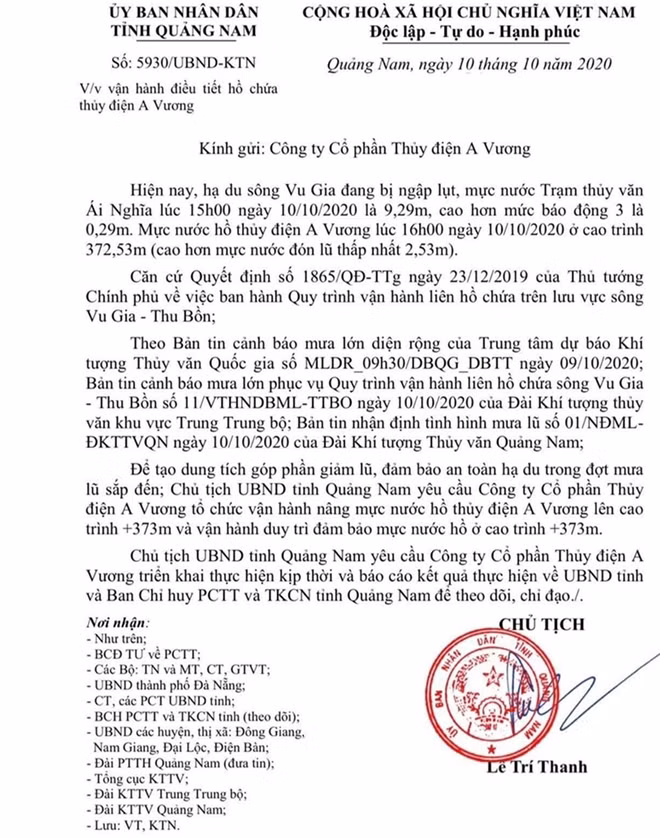 Công văn Chủ tịch UBND tỉnh Quảng Nam gửi Công ty CP Thủy điện A Vương.