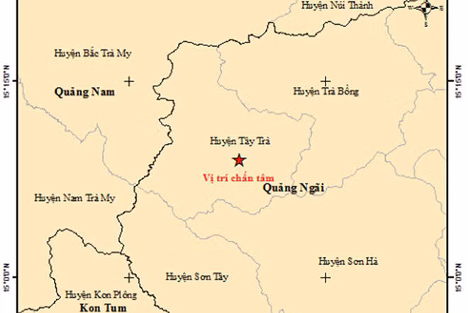 Vị trí chấn tâm trận động đất xảy ra lúc khoảng 9h ngày 14/10 tại Quảng Ngãi. Ảnh: VLĐC