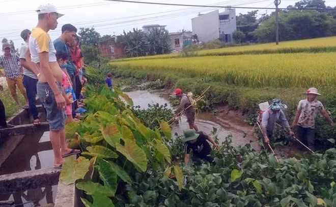 Trong khi 4 người loay hoay dùng 2 bộ xung điện bắt cá, nhiều người đứng theo dõi. Ảnh: N.L