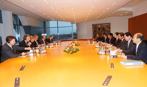 Quang cảnh hội đàm giữa Chủ tịch nước Trương Tấn Sang với Thủ tướng Đức Angela Merkel.