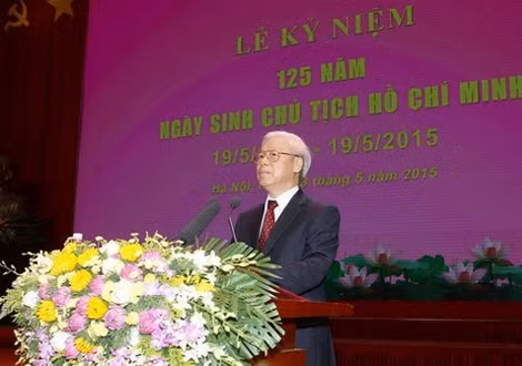 Tổng Bí thư Nguyễn Phú Trọng đọc Diễn văn tại Lễ kỷ niệm. (Ảnh: Trí Dũng/TTXVN).