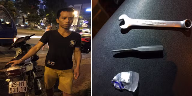 Đối tượng và tang vật heroin cùng bộ vam phá khóa.