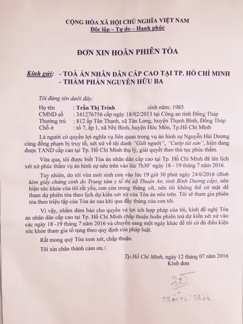 Đơn xin hoãn phiên tòa của Trinh
