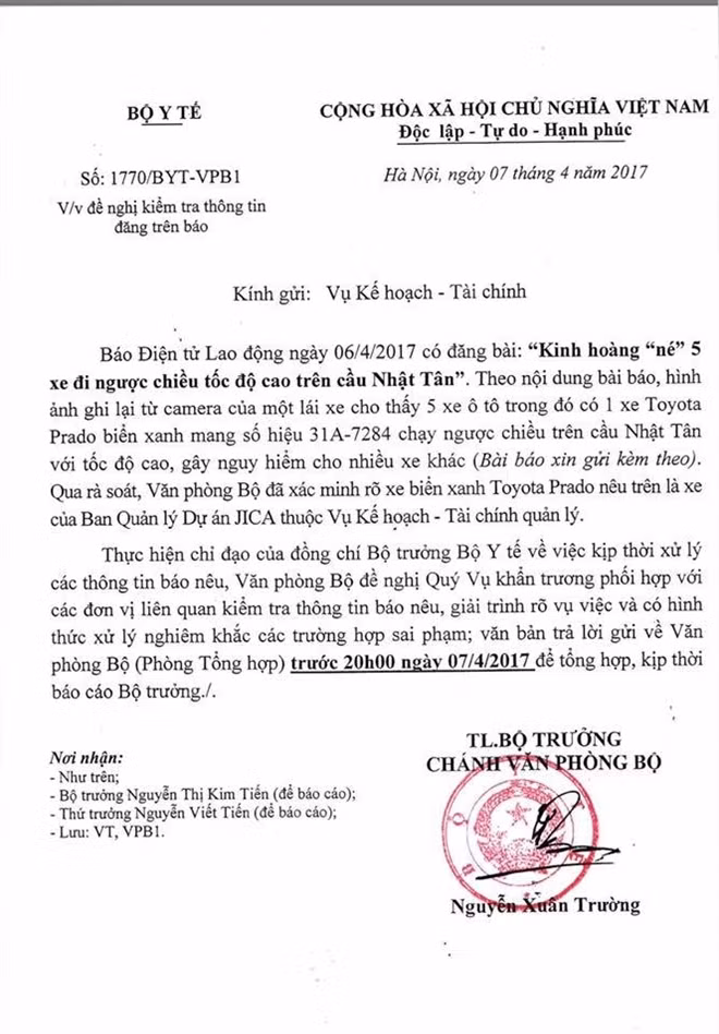 Văn phòng Bộ Y tế đề nghị Vụ Kế hoạch –Tài chính giải trình