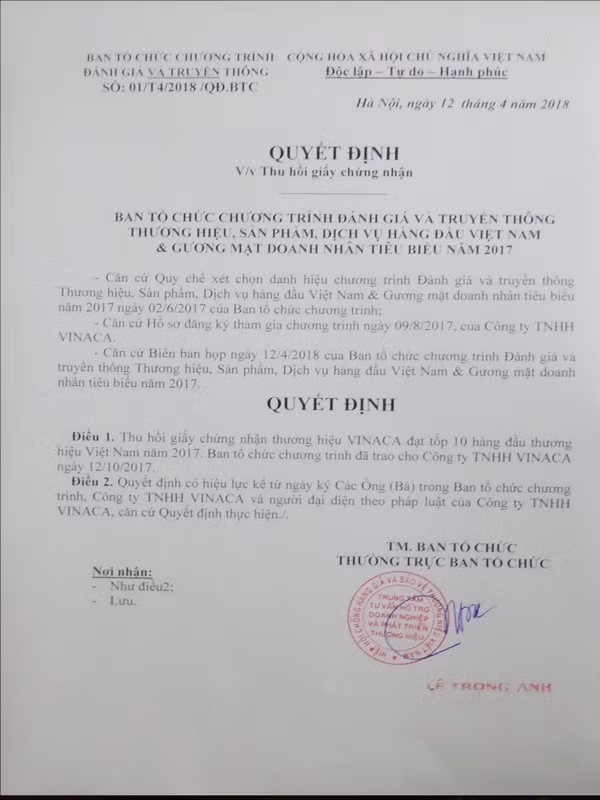 Giấy chứng nhận Giấy chứng nhận Top 10 thương hiệu sản phẩm, dịch vụ hàng đầu Việt Nam năm 2017 và quyết định thu hồi Giấy chứng nhận