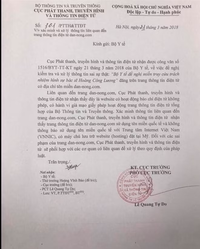 Văn bản đề nghị của Bộ Y tế và công văn trả lời của Cục Phát thanh, truyền hình và thông tin điện tử