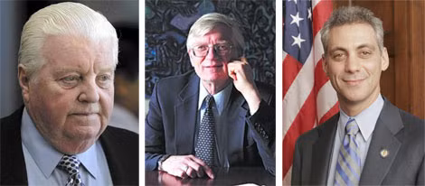 Từ trái sang: Cựu cảnh sát trưởng CPD Jon Burger, Luật sư Flint Taylor, Thị trưởng Chicago Rahm Emanuel.
