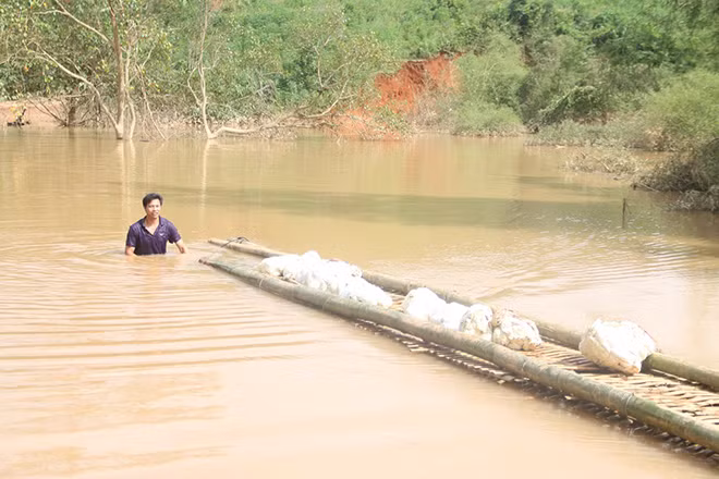 Người dân dùng bè tự chế để vào khu sản xuất do đường đi đã ngập sâu trong nước. Người dân dùng bè tự chế để vào khu sản xuất do đường đi đã ngập sâu trong nước.