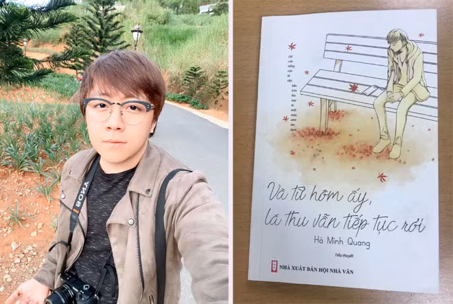Tác giả trẻ Hà Minh Quang và bìa cuốn sách "Và từ hôm ấy, lá thu vẫn tiếp tục rơi". Tác giả trẻ Hà Minh Quang và bìa cuốn sách "Và từ hôm ấy, lá thu vẫn tiếp tục rơi".