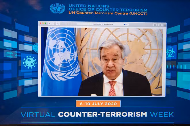 Tổng Thư ký Liên hợp quốc Antonio Guterres phát biểu khai mạc Tuần lễ Phòng chống khủng bố trực tuyến.