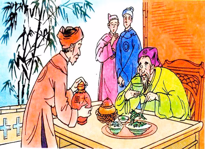 Tranh minh họa cảnh Trạng Quỳnh dâng Chúa món ăn “Mầm đá”!