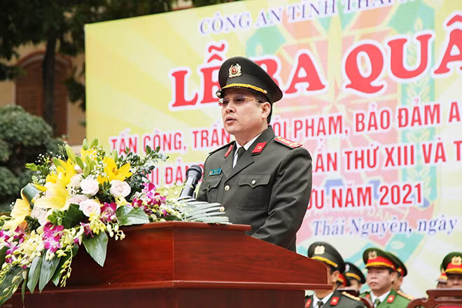 Đại tá Bùi Đức Hải, Giám đốc Công an tỉnh Thái Nguyên phát biểu tại buổi lễ.