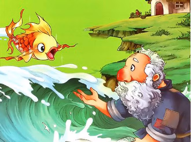 Tranh minh họa truyện “Ông lão đánh cá và con cá vàng”.