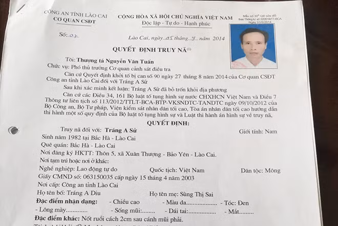 Lệnh truy nã và đối tượng Tráng A Sử. Lệnh truy nã và đối tượng Tráng A Sử.