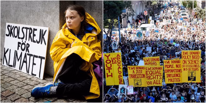 Greta Thunberg ngồi trước toà nhà Thuỵ Điển và những cuộc biểu tình chống biến đổi khí hậu do cô bé phát động diễn ra trên khắp thế giới. ảnh: Getty/Reuters.