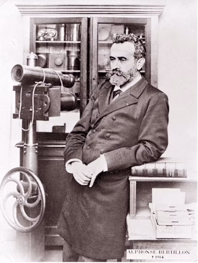 Alphonse Bertillon bên cạnh chiếc máy ảnh chuyên dụng của cảnh sát. Alphonse Bertillon bên cạnh chiếc máy ảnh chuyên dụng của cảnh sát.