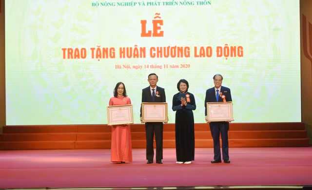 Phó Chủ tịch nước Đặng Thị Ngọc Thịnh trao tặng Huân chương Lao động cho các cá nhân có thành tích.