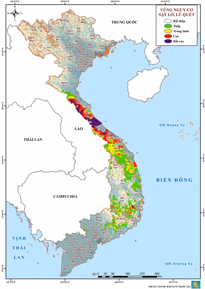 Bản đồ cảnh báo nguy cơ sạt lở, lũ quét. Ảnh: Nchmf.gov.vn