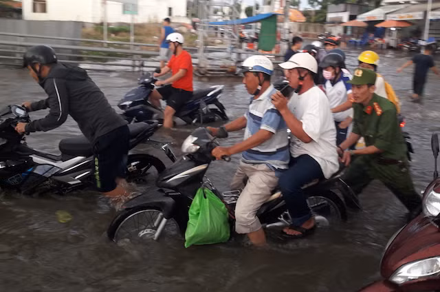Cơn mưa diễn ra vào lúc hơn 16h làm tuyến đường Nguyễn Văn Cừ đoạn qua cầu Rạch Ngỗng ngập sâu gây ùn tắc cục bộ, nhiều xe gắn máy lưu thông trên đường bị tắt máy. CBCS CSGT, CSTT và Công an quận Ninh Kiều phối hợp lực lượng bảo vệ dân phố đã kịp thời có mặt, đội mưa giúp dân đưa xe qua đoạn lộ ngập sâu.