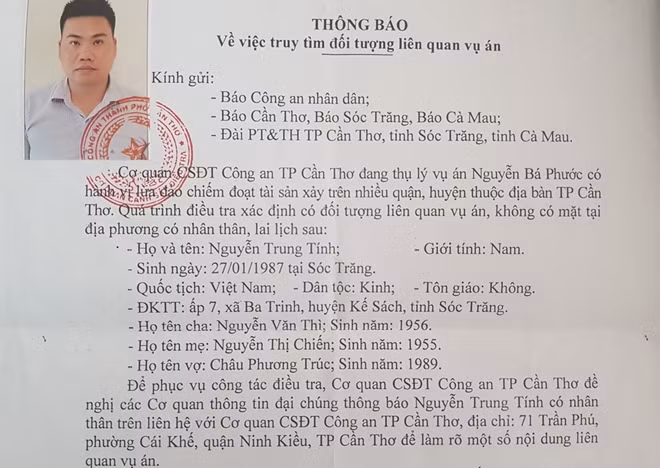 Thông báo truy tìm của cơ quan điều tra.