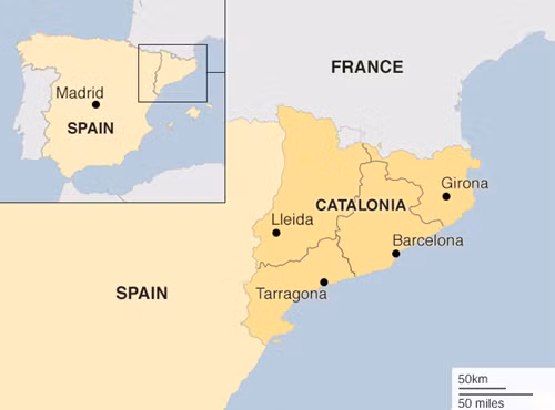 Catalonia nằm ở phía Đông Bắc của Tây Ban Nha. Ảnh: BBC