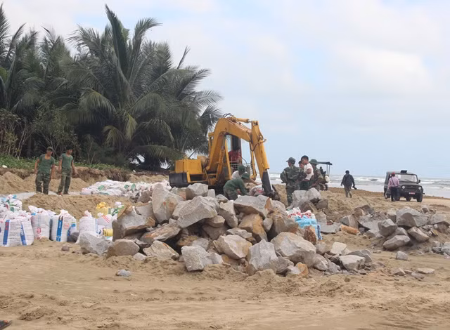 Nhiều phương tiện máy móc được huy động đến hiện trường để phục vụ việc xây kè.