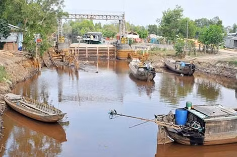 Mực nước tại kênh xã Trần Hợi, huyện U Minh, tỉnh Cà Mau đã kiệt gần sát đáy, việc vận chuyển nông sản của người dân càng gặp khó khăn.
