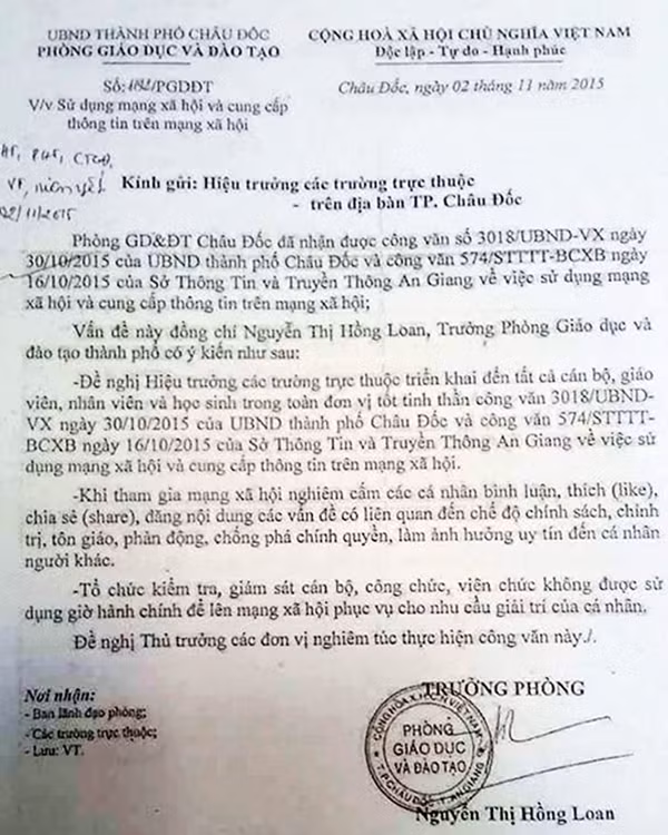 Công văn trái luật của Phòng GD&ĐT TP.Châu Đốc gây xôn xao dư luận vừa qua.