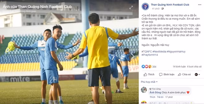 Fanpage của CLB Than Quảng Ninh đăng tải thông báo của Hải Huy về thành công của ca phẫu thuật.
