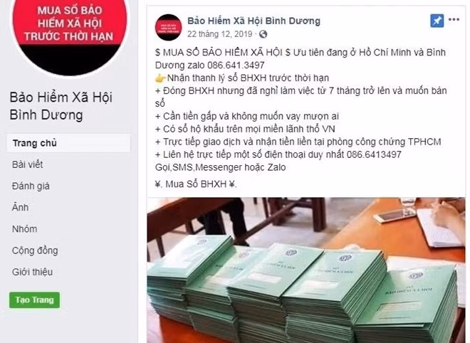 Một số trang mạng giả mạo để thu gom, mua bán sổ BHXH.